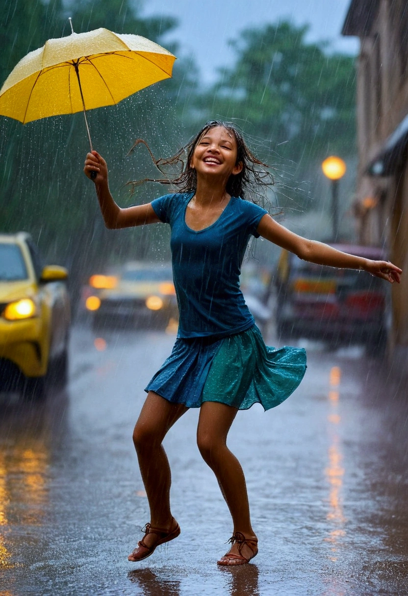rain is the simplest thing enjoy the smile at the rain , young girl dancing in the rain the rain in blur but she is the main character enjoying the rain , unique piece masterpiece 16k work of art amazing colors