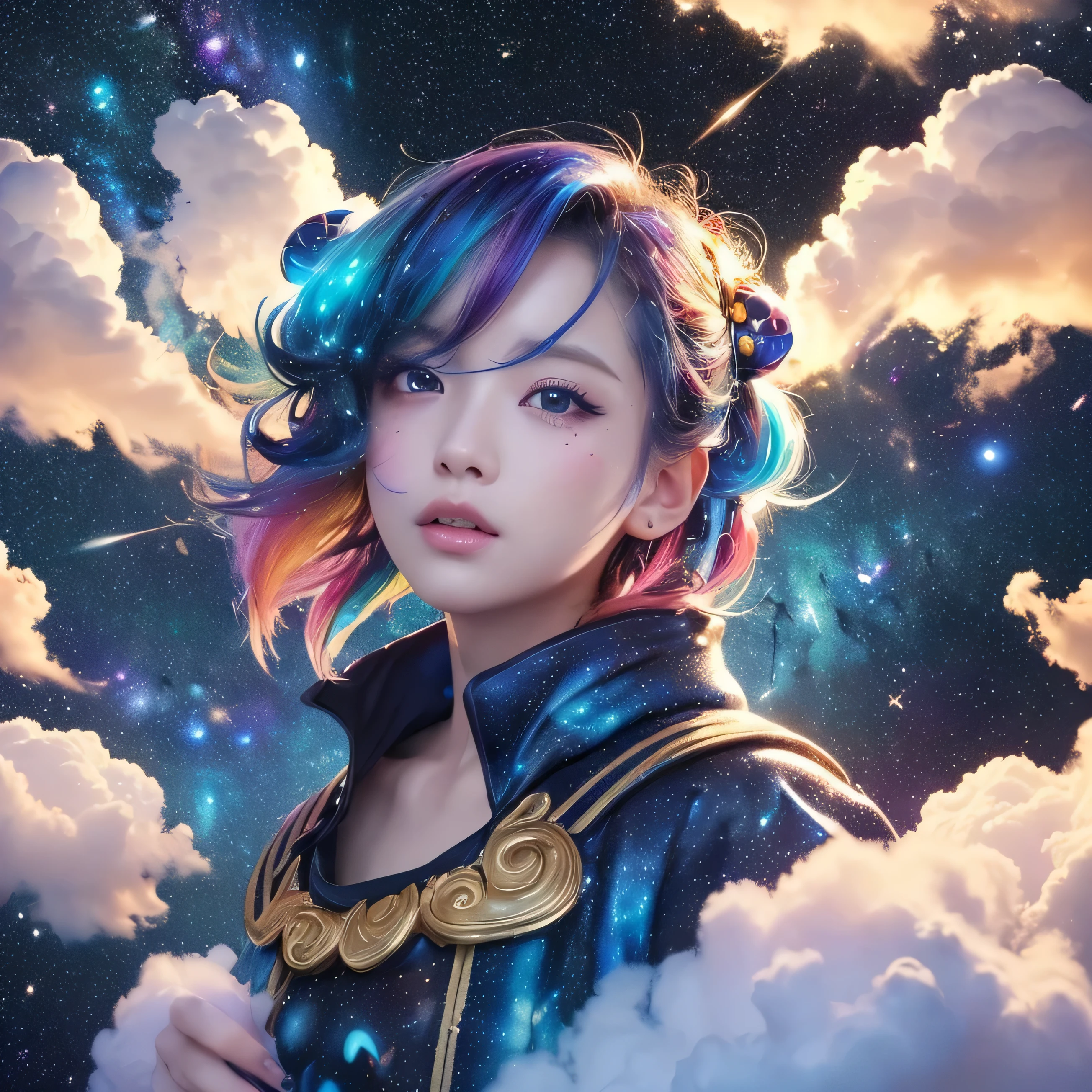 ((masterpiece)), (((Highest quality))), ((Super detailed)), ((figure)),[Realism of light effects],Shadow,(Fantasy Style),(White of background:1.6), Simple Background, (Earth of Theme),(cape)[(Hair Focus,((1 person of woman of son)),[(Big slime of hair): (Cloud of Hair):0.3], (Background of hair),(High saturation),(hair surrounded by Milky Way splashes),)):((her hair is becoming Milky Way clouds,:1.27628), (hair and clothes is Milky Way clouds and cluster of performer:1.1025),(cape is becoming Milky Way clouds)(colorful_Milky Way_printing_cluster_of_performer_printing:1.35),((detailed starry sky with colorful Milky Way and Milky Way clouds):1.2)):0.35], (((masterpiece))),(((Highest quality))),((Super detailed)),(figure),(Dynamic Angle),((floating)),(paint),((Disheveled Hair)),((Beautifully detailed face)),collar,Bare Shoulders, ((colorful hair)),((Stripes of hair)),Beautiful attention to detail,(Gradient color of eyes),(((colorful eyes))),(((colorful background))),(((High saturation))),(((surrounded by colorful splashes))),(((surrounded by colorful dot))),colorful bubble,((The Shining)),Singer with a microphone