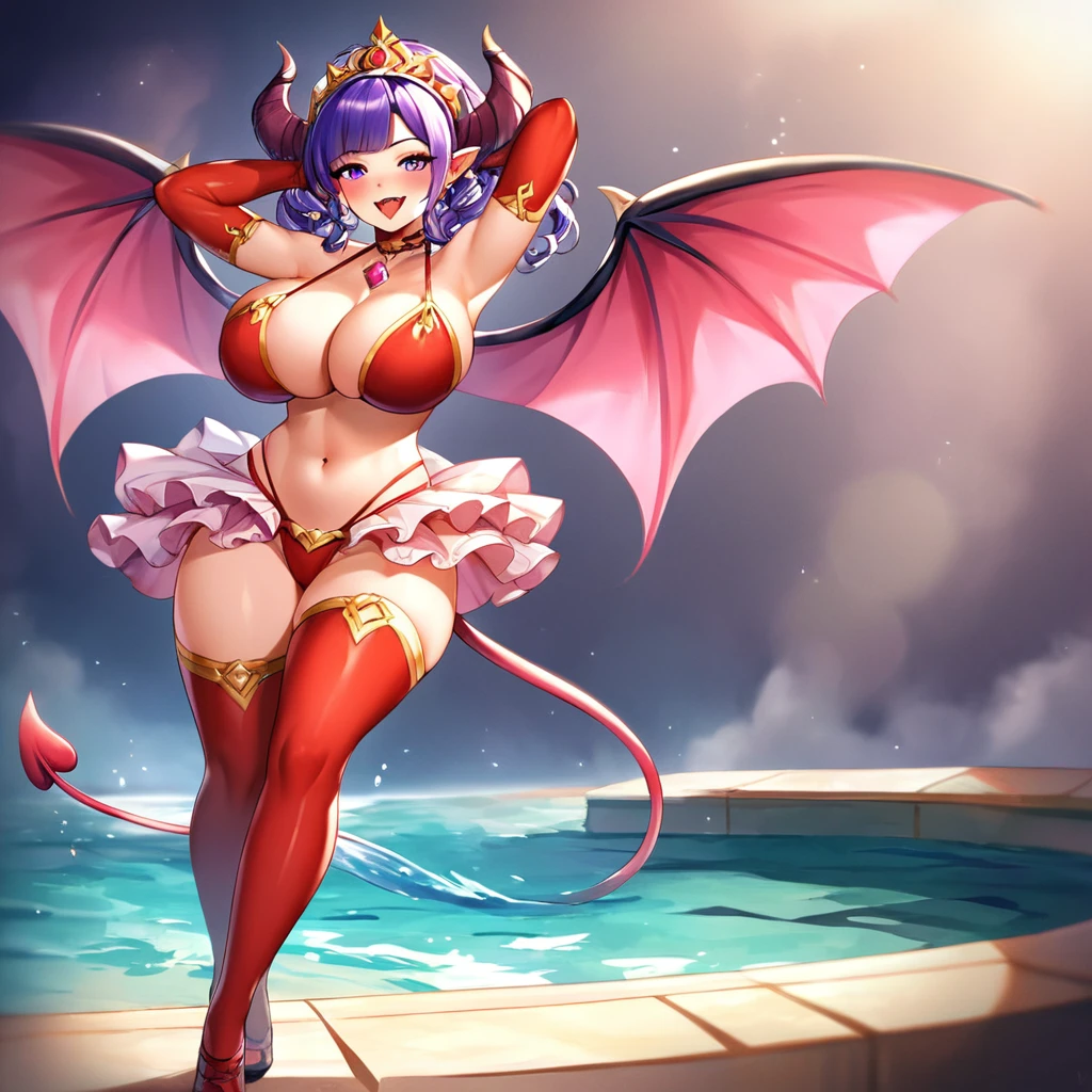 A sultry succubus pose against a sensual dark backdrop, where she floats in mid-air with effortless grace. Her resplendent costume dazzles with ornate micro skirts, pantyhoose, and an elaborate headdress, as colorfull hair cascades down her slender back like precious gems. Captivating violet eyes sparkle with lascivious intent, hinting at a playful, torogao nature. A delicate heart choker adorns her navel, adding to the allure of her captivating physique. As she jumps, MASSIVE breasts and separated sleeves create a mesmerizing display against the stark background. Her tiny fangs gleam in full view, showcasing her succubus tail and wings. Underboobs and belly buttons peek out from beneath layered skirts, leaving little to the imagination as her tantalizing form is framed by the high-contrast darkness.score_9, score_8_up, score_7_up, score_6_up, score_5_up, score_4_up, 1girl, solo, extreme detail, Masterpiece, Best Quality, beautiful, high res image, rating_,