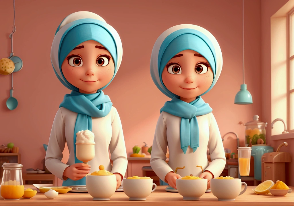 All the decor is modern and beautiful. A beautiful girl with a modern Islamic hijab tied to her neck. A character alone in the kitchen with no one else with her. A cartoon in the Disney Pixar style. She eats a cup of milk tea and two fried eggs in the morning.