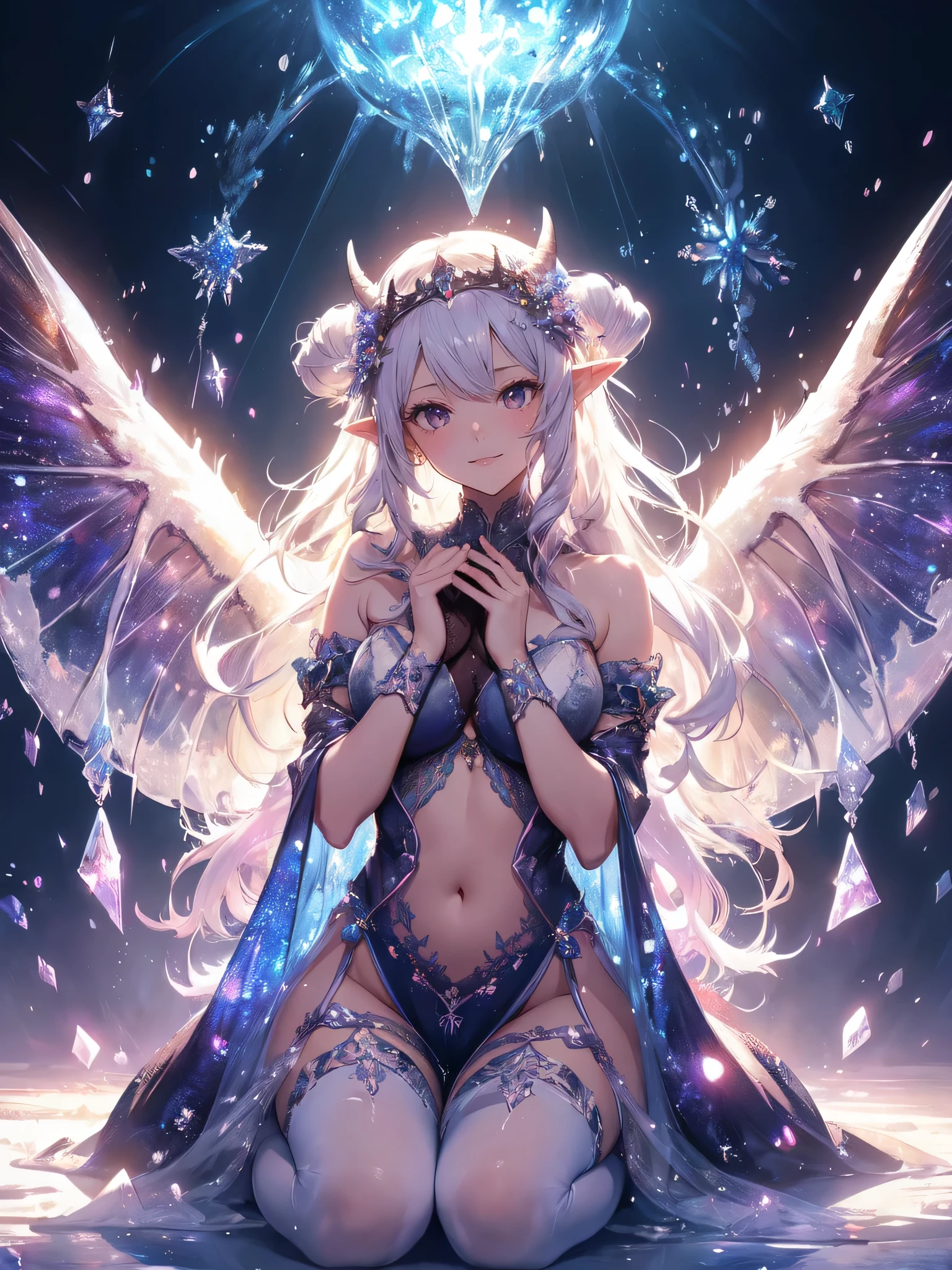 最high quality、1 woman elf、Succubus、(( cowboy shot ))((full body stocking))'((see-through body stocking))、Beautiful eyes、tears、Raise your arms behind your head、Beautiful decoration、、Ice tiara、、A world made of ice、最high quality , Fractal Art.Ice Throne、ice World、比基尼、beautiful big ass、 ((Laugh beautifully、))((Glowing ice ))SMqueen、Beautiful face、orgasm、Ecstasy、全身Beautiful decorationのストッキング、Devil's World、Ice crystals、Crystal of snow、Ice wall、ice World、Bigger on the front、 Beautiful shine,High-definition depiction, Realistic, 8K, Unity, Beautiful thighs,,Giant Devil's Wings、Rainbow-colored wings、、 light smile, Beautifully and vividly drawn, , beautiful beautiful透き通る肌、輝くBeautiful decorationの魔法、Giant horns、 demon king、、Beautiful decorationの角、 , beautiful、 Romanticism,mosquito。 The most beautiful form of chaos, Mr..々 Intertwined flowers, P article,Magical gentle light,smile,,image quality、masterpiece、Beautiful face、Super beautiful elf woman((Big breasted 22 year old office lady、Bust 120,Beautiful long ironed hair、Silver Hair、height: 165cm。、Esbian、、high quality、、Visual Arts、最high quality、1 woman elf NP: Worst quality ,beautiful Fractal Art 、、、light、Beautiful radiance,High-definition depiction, Realistic, 8K, Unity, , light smile, Beautifully and vividly drawn, , Beautiful, beautiful, clear skin、 Countless rays of light pouring down, Swirling Light, big background, , Intense light is emitted from the magic circle in front of the girl. Romanticism,Cowboy Shot: 最high quality