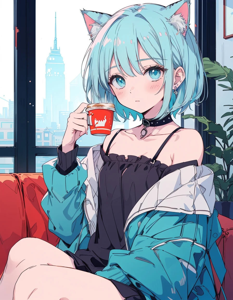 Off the shoulder, whole body,In surprise、blush、holding a coffee cup、 ((masterpiece, Highest quality:1.5)), ((Beautiful and detailed cat aqua eyes:1.2)), Cat ear, Pale skin, Small breasts, Beautiful Hands, Beautiful fingers, Sitting on the couch、Bobcut、Easy Negative