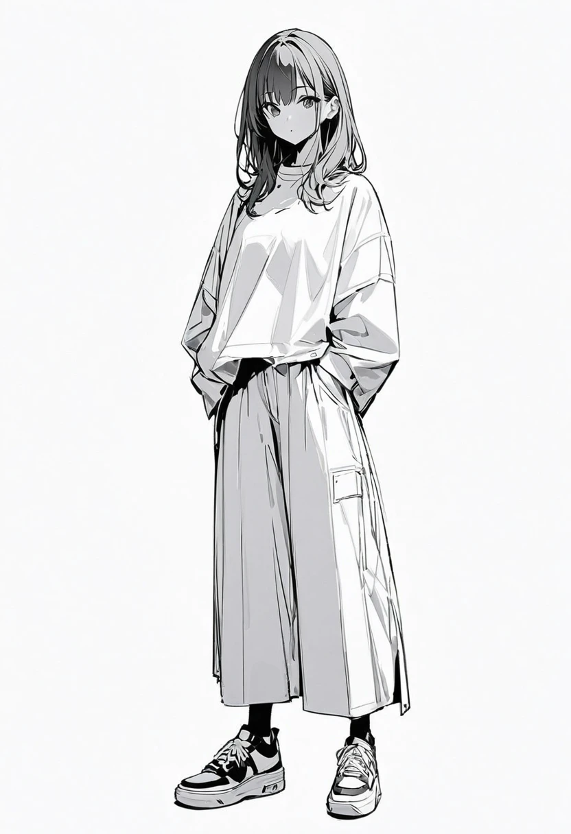 (masterpiece、Highest quality:1.2、8K)、Centered、Only one girl、shirt、Wide-leg trousers、Simple single-color sneakers、whole body、Simple Background、White background、