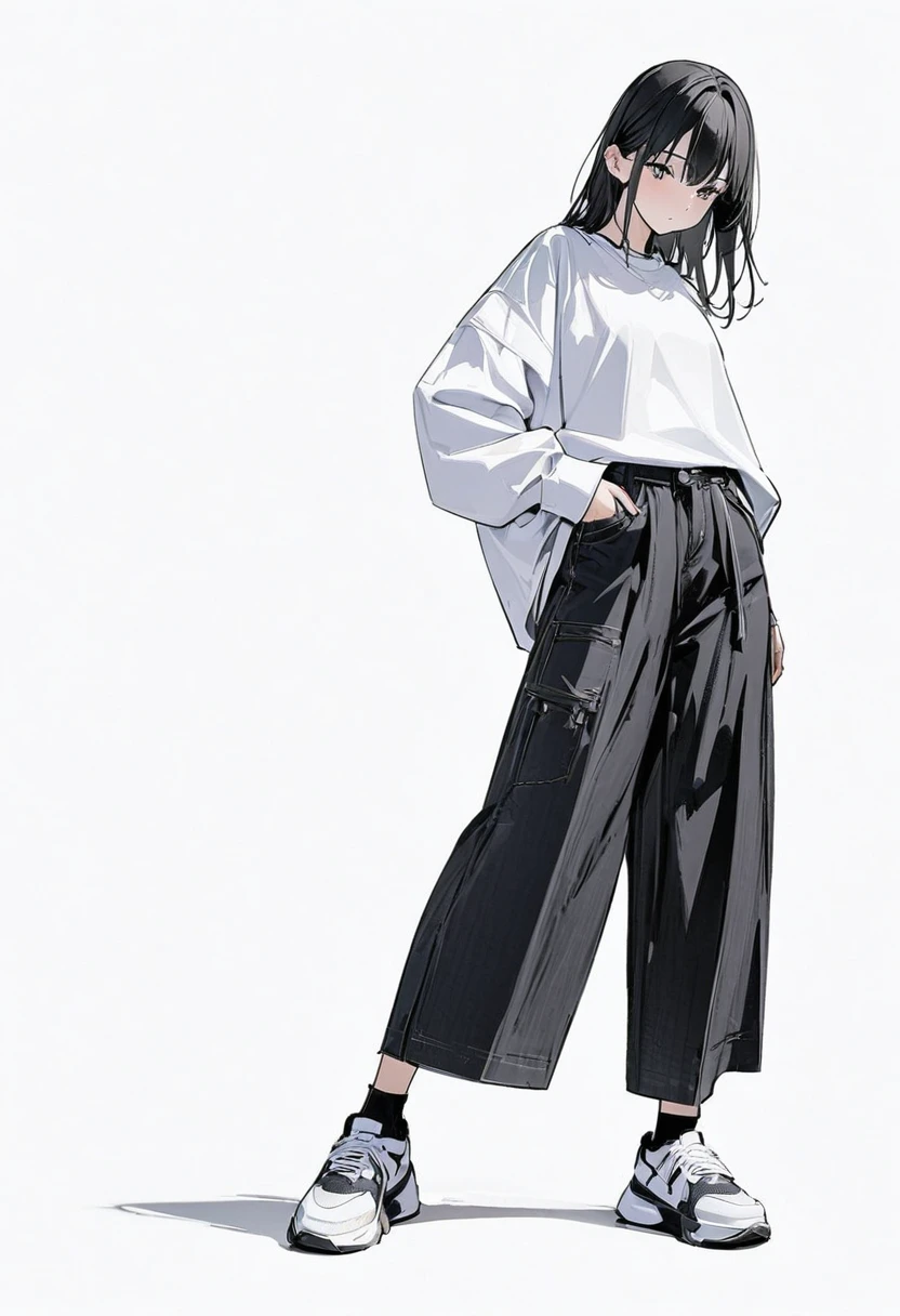 (masterpiece、Highest quality:1.2、8K)、Centered、Only one girl、shirt、Wide-leg trousers、Simple single-color sneakers、whole body、Simple Background、White background、