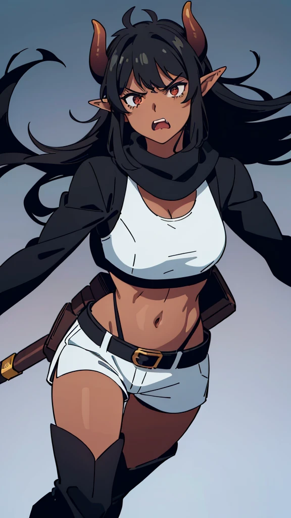 (((1girl ,25s,adult,mature female,solo))),long hair, black hair,horns,elf ears,((black scarf)),cleavage,(((dark skin))),(black sports bra,black sports shorts, midriff),leather boots,long sleeves,(angry),standing,battle pose