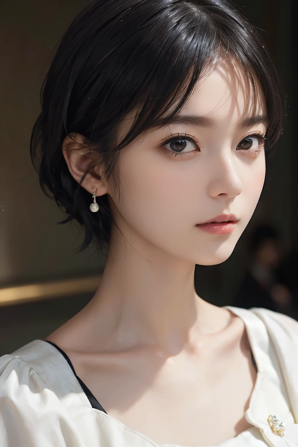 (((Black Short Hair))), (Louvre Museum), Seductive pose, Background is grassland、Image from chest up:1.6)、Close-up portrait of a woman wearing a white off-the-shoulder top dress and earrings, Soft portrait shot 8k, Nice delicate face, High-quality 4K portraits, High-quality portraits, Soft, perfect, pale skin, 8K Highly Detailed Face, なbeautiful繊細な顔, beautiful光の大きな目, Beautiful and realistic face, beautiful14Old woman, Beautiful and realistic face, cute14Old woman