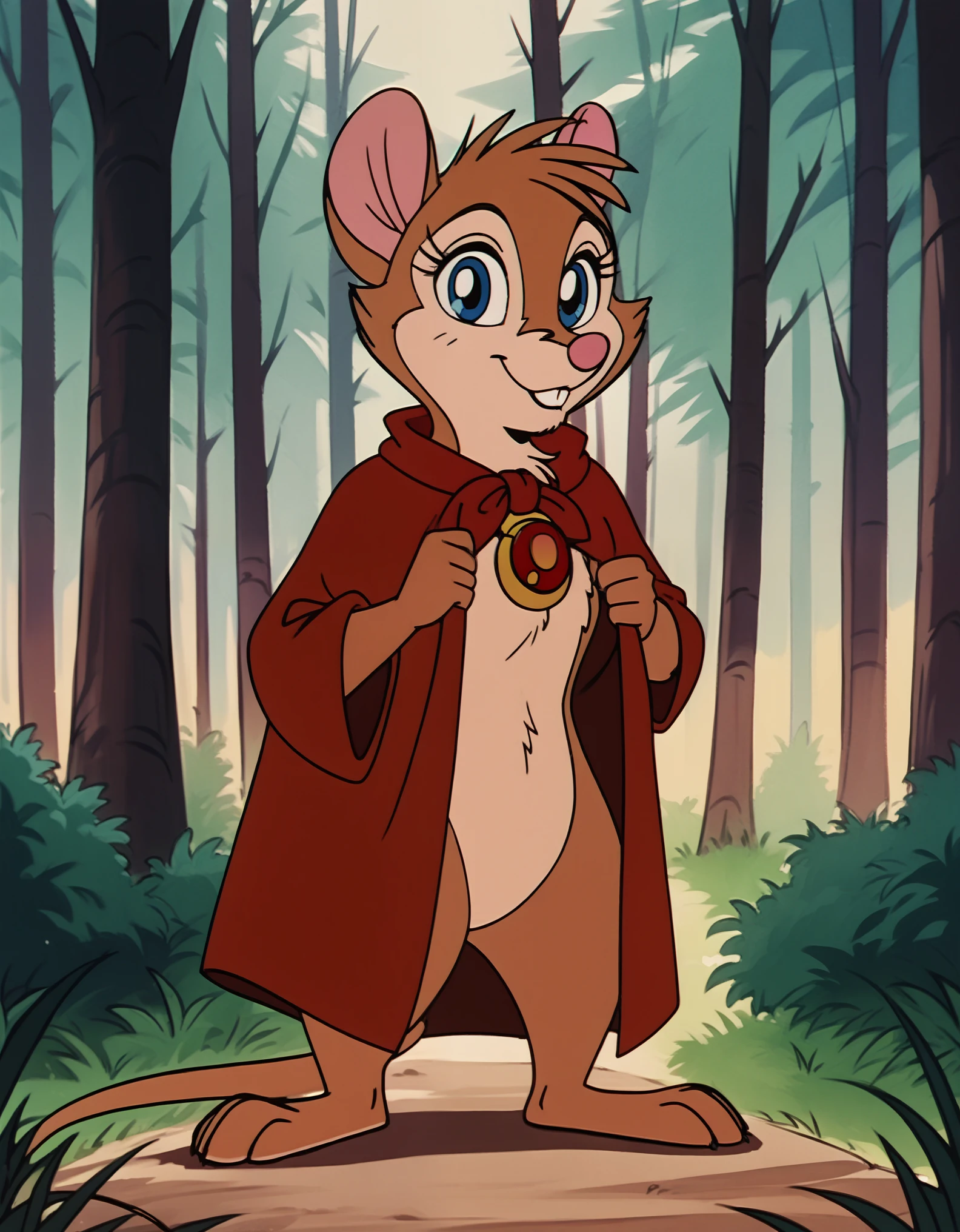 score_9, score_8_up, score_7_up, source_furry, source_safe, best quality, forest, BREAK, 1girl, mrsbrisby_tsonimh, mouse girl, semi-anthro, furry, brown fur, wearing red cape, wearing red pendant, mostly nude, standing, closed mouth, looking at viewer, smile, buck teeth, featureless crotch, featureless chest