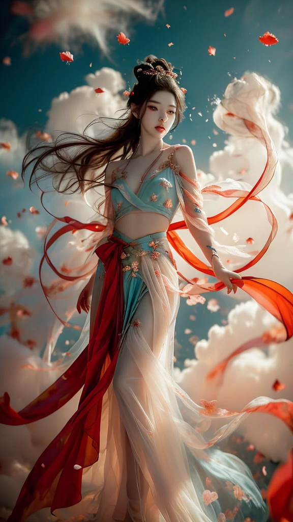 xuer Fairy in Clouds,Clouds,Fog,smoke,(full body:1.1),Fly,(float,fall:1.4),Dynamic Angle,Perspective,
medium breasts,(Scattered petal:1.3),exposed collarbone,exposed shoulders,exposed abdomen,colorful costumes,Cyan red ribbon,