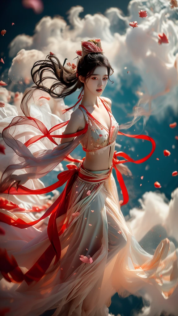 xuer Fairy in Clouds,Clouds,Fog,smoke,(full body:1.1),Fly,(float,fall:1.4),Dynamic Angle,Perspective,
medium breasts,(Scattered petal:1.3),exposed collarbone,exposed shoulders,exposed abdomen,colorful costumes,Cyan red ribbon,