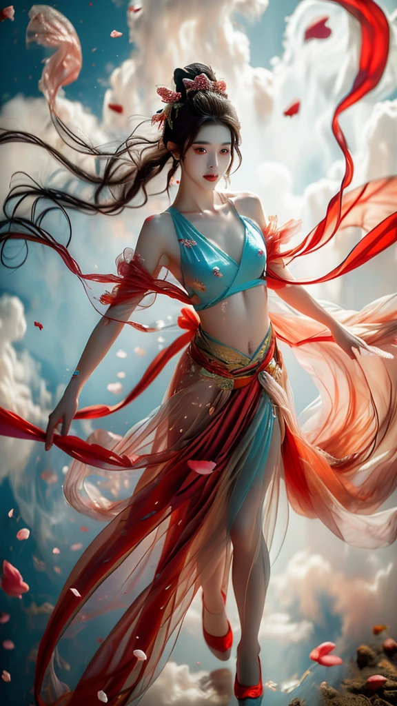 xuer Fairy in Clouds,Clouds,Fog,smoke,(full body:1.1),Fly,(float,fall:1.4),Dynamic Angle,Perspective,
medium breasts,(Scattered petal:1.3),exposed collarbone,exposed shoulders,exposed abdomen,colorful costumes,Cyan red ribbon,
