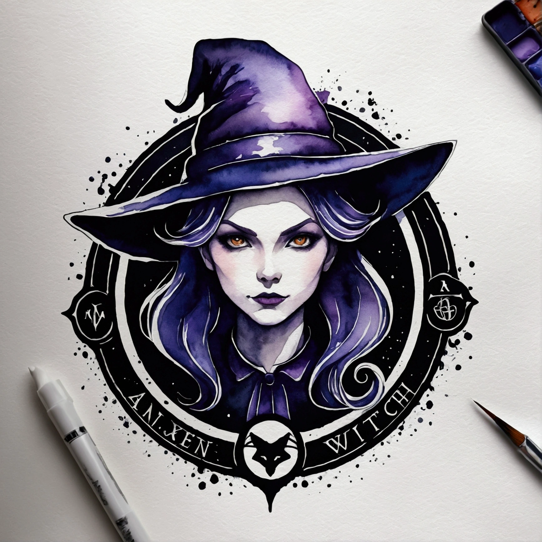 High quality, logo style, watercolor, with 3D effect, as if puff printing. Powerful logo with strong, dark colors, of "an old and bad witch". Monochromatic background, by yukisakura, incredible and original colors of the species. High-Density Printing: "a robust, well-defined design, like a high-density print."