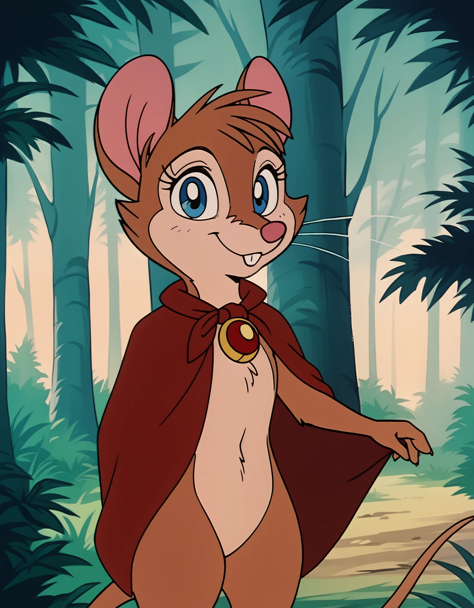 score_9, score_8_up, score_7_up, source_furry, source_safe, best quality, forest, BREAK, 1girl, mrsbrisby_tsonimh, mouse girl, semi-anthro, furry, brown fur, wearing red cape, wearing red pendant, mostly nude, standing, closed mouth, looking at viewer, smile, buck teeth, featureless crotch, featureless chest