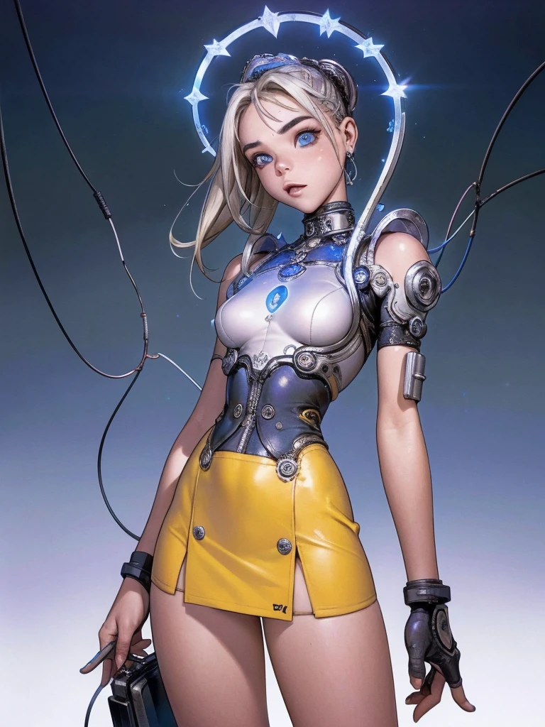 (La best qualityer,A high resolution,ultra - detailed,real),Sabrina Carpenter cyborg, ( yellow mini skirt :1.4), (((hair blue))), WHITE short top,,(Cyberpunk ruined dungeon ruins background :1.4 ), (mechanical vertebrae attached to the back, mechanical cervical fixation to the neck, wires and cables that connect to the head, evangelization, small bright LED lamps:1.4) , 8K more detailed.engine unreal:1.4,ultra HD,La best qualityer:1.4, photorrealistic:1.4, texture skin:1.4, Masterpiece artwork:1.8,Masterpiece artwork, best qualityer,object object], (detailed facial features:1.3),(The correct proportions),(gorgeous blue eyes),  (cowboy pose),( Sabrina Carpenter:1.4), (Sabrina Carpenter V2.1),( Perfect Anatomia:1.4) 