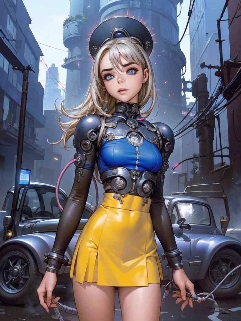 (La best qualityer,A high resolution,ultra - detailed,real),Sabrina Carpenter cyborg, ( yellow mini skirt :1.4), (((hair blue))), WHITE short top,,(Cyberpunk ruined dungeon ruins background :1.4 ), (mechanical vertebrae attached to the back, mechanical cervical fixation to the neck, wires and cables that connect to the head, evangelization, small bright LED lamps:1.4) , 8K more detailed.engine unreal:1.4,ultra HD,La best qualityer:1.4, photorrealistic:1.4, texture skin:1.4, Masterpiece artwork:1.8,Masterpiece artwork, best qualityer,object object], (detailed facial features:1.3),(The correct proportions),(gorgeous blue eyes),  (cowboy pose),( Sabrina Carpenter:1.4), (Sabrina Carpenter V2.1),( Perfect Anatomia:1.4) 