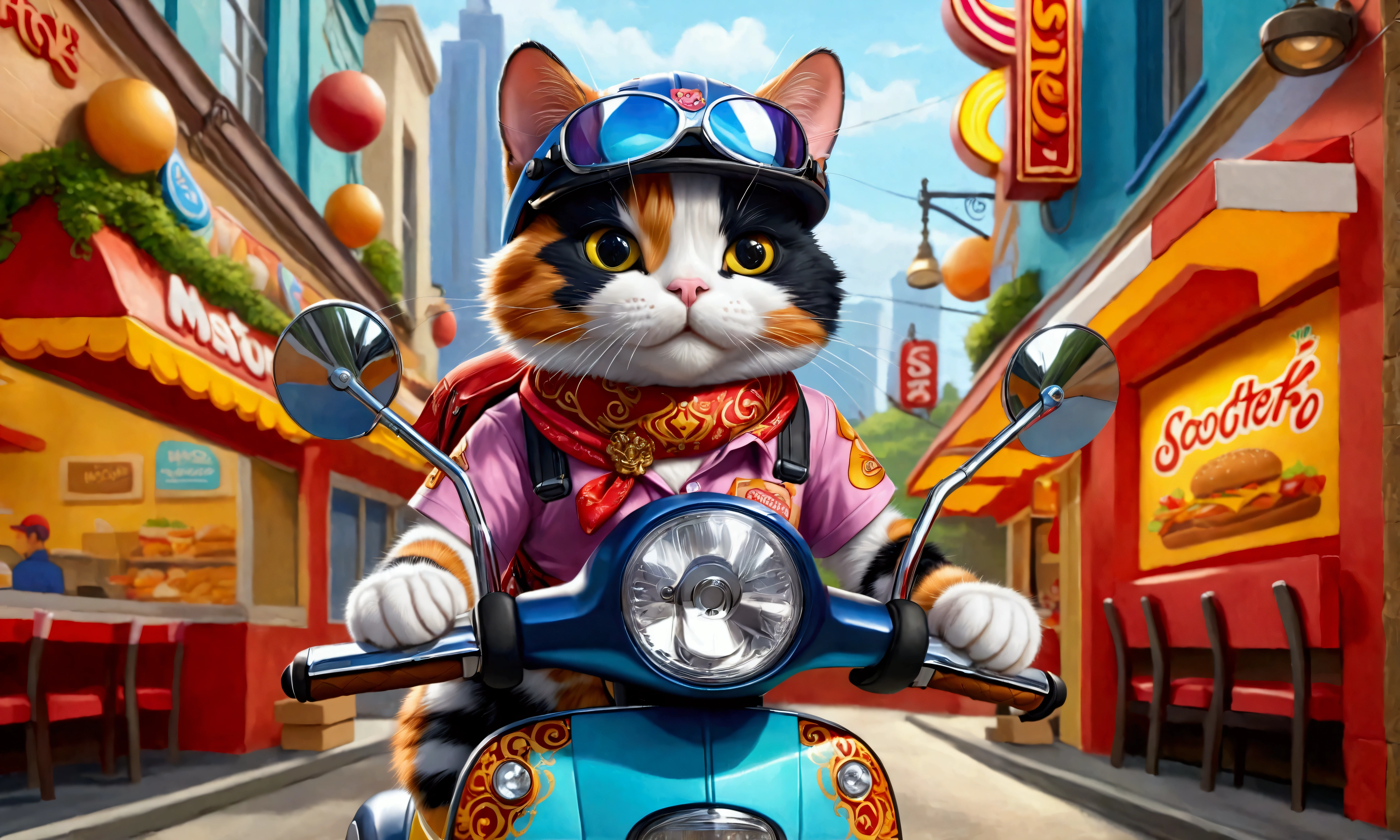 (Close-up of anthropomorphic calico cat riding scooter with:1.3) with cardboard boxes on its back, (stylish ornate branded shirt:1.2), (worker cap:1.2), (colorful apron:1.1), (background is fast food restaurant:1.1), intricate design, bright colors, masterpiece in maximum 16K resolution, best quality, ultra detailed, aesthetics, absurdes.