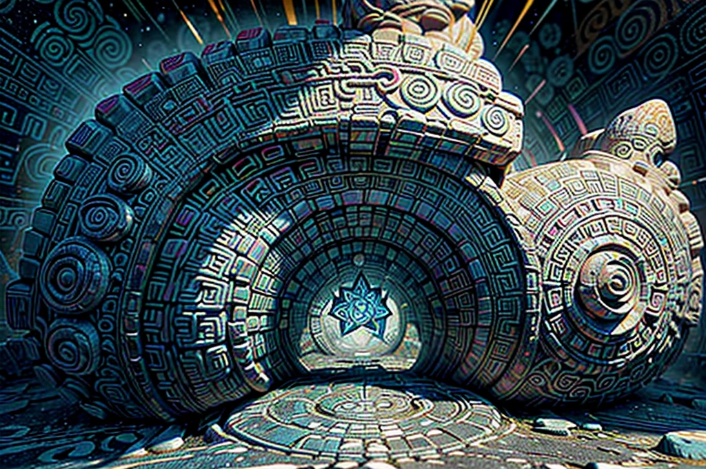 A realistic Mayan stone mural with colorful fractal patterns. The mural features intricate and detailed carvings that depict ancient Mayan symbols and deities. The colors are vibrant and psychedelic, creating a mystical and otherworldly atmosphere. The fractal patterns intertwine with the traditional Mayan designs, adding a contemporary twist to the ancient art. The stone texture is realistic, showing the weathering and age of the mural, while the colors bring a lively and surreal element to the scene.