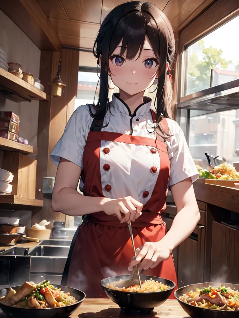 High resolution, 8K Ultra HD, ((best quality)), ((masterpiece)), Chinese restaurant kitchen. A cook is holding a small wok in one hand and shaking it. Fried rice is floating in the air in a small wok. A huge flame is coming out of the stove. The cook is sweating.