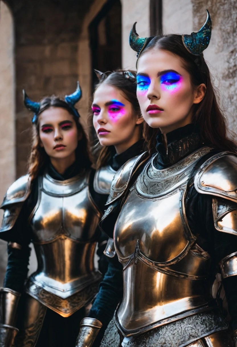 Women dressed in armor，Fluorescent makeup on face