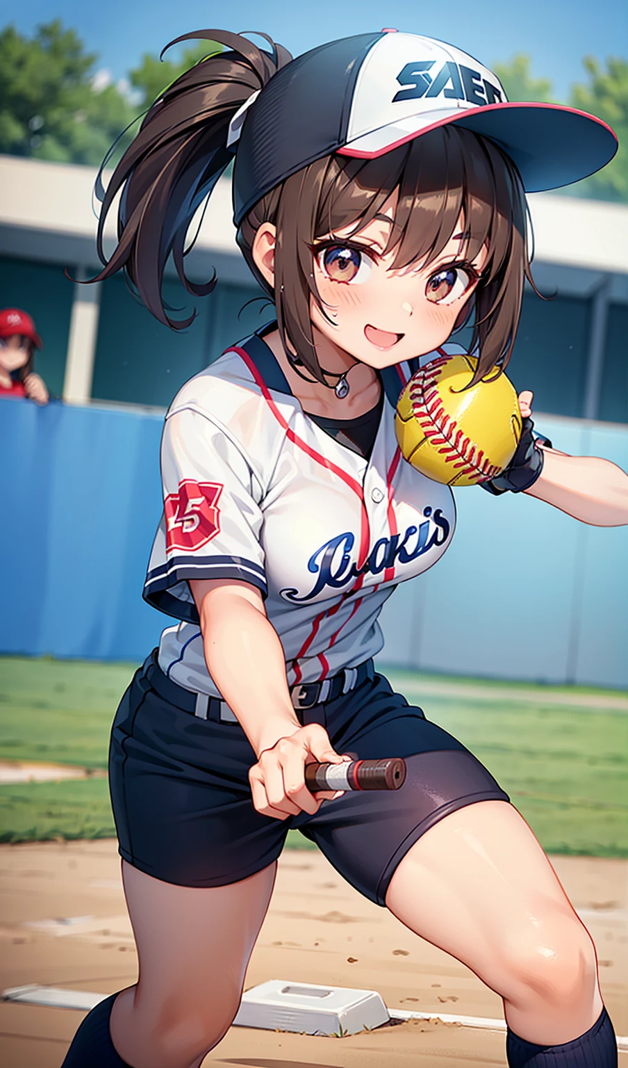 woman。(Softball competition)。smile、Dark Brown Hair、(Softball Ground)。(Women&#39;s Softball Uniforms:1.2)、Softball competition場。(Women&#39;s Softball Uniforms)。competition、Perfect hands、Facing the audience