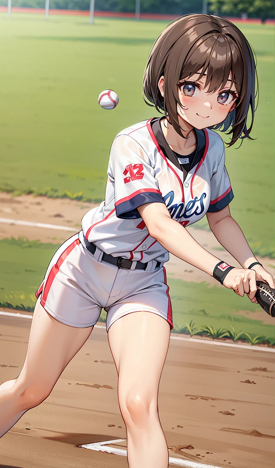 woman。(Softball competition)。smile、Dark Brown Hair、(Softball Ground)。(Women's Softball Uniforms:1.2)、Softball competition場。(Women's Softball Uniforms)。competition、Perfect hands、Facing the audience