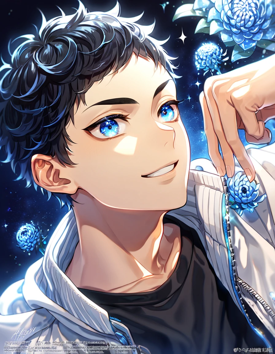 absurdres, highres, ultra detailed, HDR, master piece, best quality, extremely detailed, Akaashi Keiji, black hair, expressive blue eyes, Haikyuu, solo, sexy man, handsome, smile, white jacket, black shirt, fantasy, water, sparkling, blue glittering fireflies, blue moon, blue blossoms, blue chrysanthemums, blue sparkling lights, starry sky