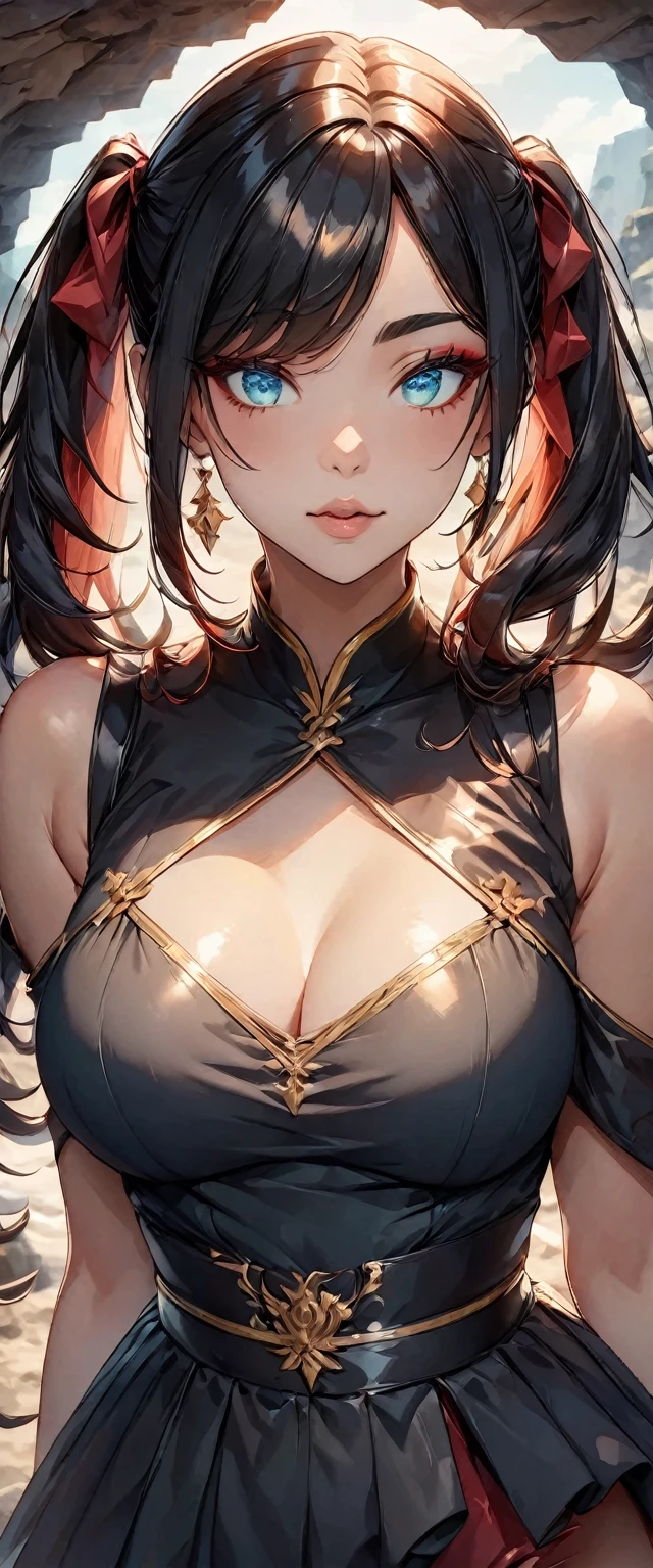 Photo of a woman with natural skin, Seaside cave, The light is shining in, Upper Body, High Twintails, Black hair with red mesh, Sharp eyes with red eyeshadow, Blue-green eyes, Shining eyes, A thin, upturned nose, Well-shaped lips, , ((Black off-the-shoulder dress, Thin shoulder straps)), barefoot, Makeup, Exquisitely crafted with the utmost attention to detail, Vibrant, amazing, Smooth, Cinematic, 4K, Backlight, (()), Shallow depth of field, ((Detailed eyes:1.3, Detailed lips:1.3, high quality, )), masterpiece, Super detailed images, High quality