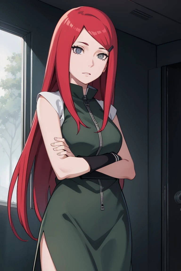 {-error_of_Anatomy:1.0} kushina, kushina, wide, hair ornament, Red hair, Red head, Hair clip, (grey eyes:1.5), ofsnuda, crossed arms, REST inside, BREAK (Masterpiece:1.2), Best Quality, high resolution, fondo of pantalla of unidad 8k, (illustration:0.8), (Hermosos ojos oftallados:1.6), cara extremadamente oftallada, perfect lighting, CG extremadamente oftallado, (perfect hands, Anatomy perfecta),