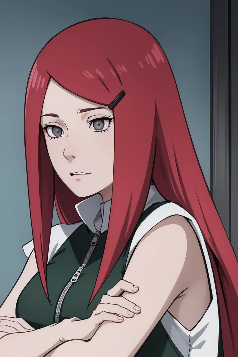 {-error_of_Anatomy:1.0} kushina, kushina, wide, hair ornament, Red hair, Red head, Hair clip, (grey eyes:1.5), ofsnuda, crossed arms, REST inside, BREAK (Masterpiece:1.2), Best Quality, high resolution, fondo of pantalla of unidad 8k, (illustration:0.8), (Hermosos ojos oftallados:1.6), cara extremadamente oftallada, perfect lighting, CG extremadamente oftallado, (perfect hands, Anatomy perfecta),