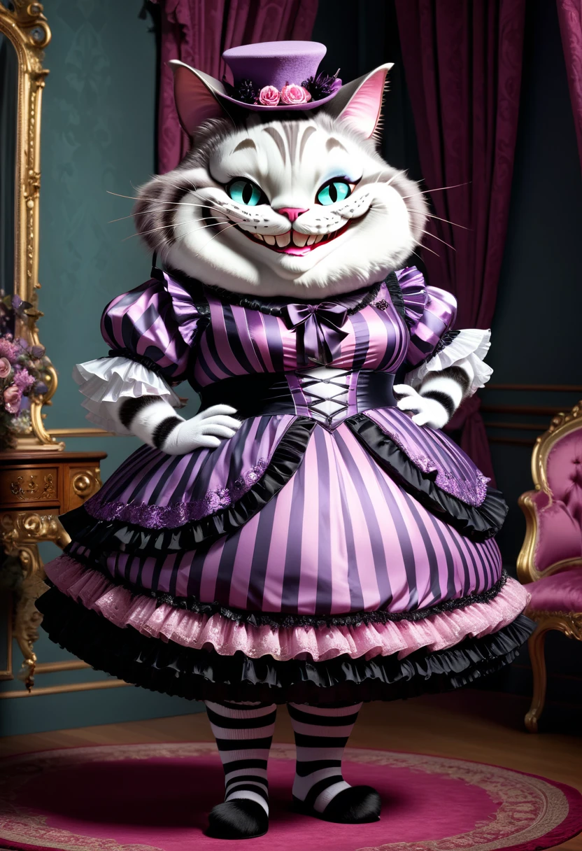  photorealistic portrait of Dressed animals-a ((fat)) ((Cheshire cat)) princess,(furry), (elegant pose:1.5), (hands on hips:1.5),(smile:1.5),high quality,(),(lovely) ,intricate details, Wearing Gothic & Lolita dress , ( brim), highly detailed ((dress with  frills and ribbon)) ,highly detailed accessories, high sox , (happy), soft lighting,(full body image:2.0),in  Rococo style room background,,score_9, score_8_up, score_7_up, score_6_up, score_5_up, score_4_up,