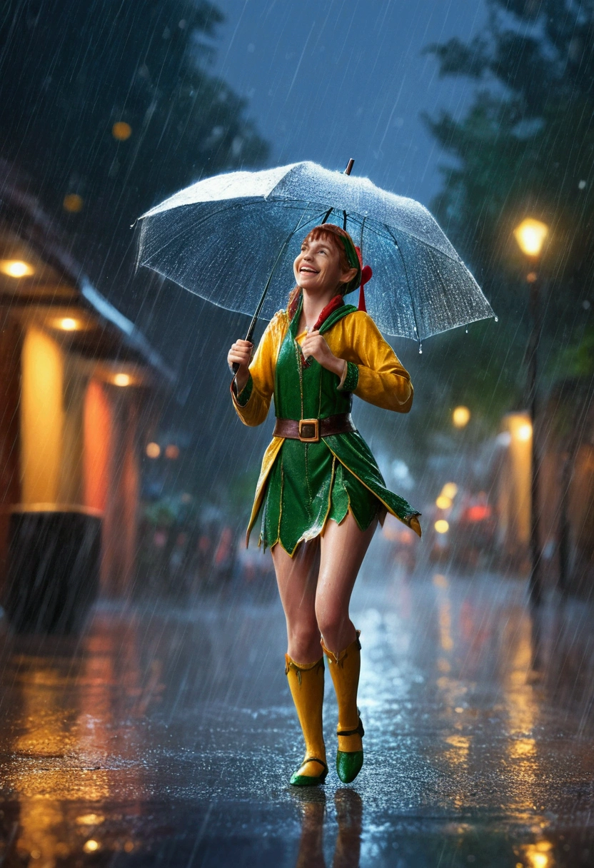 rain is the simplest thing enjoy the smile at the rain , the elf dancing in the rain the rain in blur but she is the main character enjoying the rain , unique piece masterpiece 16k work of art amazing colors