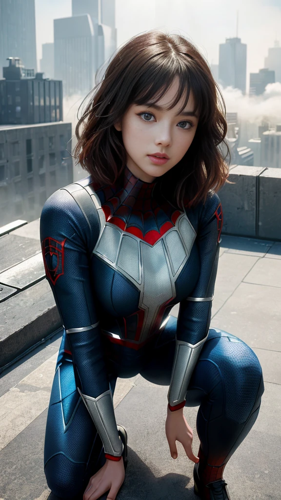 (1girl:1.3), Solo, (((Very detailed face)))), ((Very detailed eyes and face)))), Beautiful detail eyes, Body parts__, Official art, Unified 8k wallpaper, Super detailed, beautiful and beautiful, beautiful, masterpiece, best quality, original, masterpiece, super fine photo, best quality, super high resolution, realistic realism, sunlight, full body, amazing beauty, dynamic crouching pose, delicate face, vibrant eyes, (from the front), She wears Spider-Man suit, red and black color scheme, spider, very detailed city roof background, rooftop, overlooking the city, detailed face, detailed complex busy background, messy, gorgeous, milky white, highly detailed skin, realistic skin details, visible pores, clear focus, volumetric fog, 8k uhd, DSLR, high quality, film grain, fair skin, photo realism, lomography, futuristic dystopian megalopolis, translucent