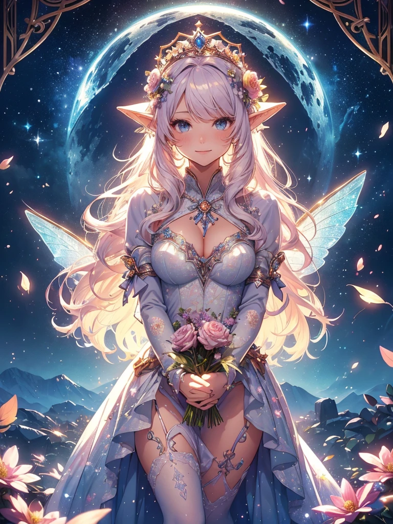 最high quality、1 woman elf on screen 、Beautifully decorated bra、Beautiful foam、、CourtyardShining fairy wings、Flower fractal art　　Beautiful Nature((beautiful night))Lots of constellations　　((starry night))　、Bigger on the screen((cowboy shot 　))　　　　、((seethroughbodystocking, dress)),Beautiful radiance,High-definition depiction, Realistic, 8K, Unity, beautiful Shot, light smile, Beautifully and vividly drawn, , Beautiful, beautiful, clear skin、sexly,beautiful underwear,Countless rays of light pouring down, Swirling Light, Raise one arm above your head, Intense light is emitted from the magic circle in front of the girl.   flower、Particles of light、nature at night、Magic Fairy tale、
Romanticism,Cowboy Shot: The most beautiful form of chaos, Mr..々colour, Intertwined flowers, Particle,magical gentle light,smile,,image quality、masterpiece、Beautiful Face、Super beautiful elf woman((Big breasted 22 year old office lady、Bust 100,Beautiful long ironed hair 、bionde hair,height: 165cm。、ANDsbian、、high quality、、Visual art、Written boundary depth、universe、Happy smile、、elegant、ticker beautiful decorative、、beautiful tiara、Beautiful Beautiful Landscape、mountain、beautiful city, A kind smile、wonderful、Fluttering petals、Dance happily、、Cultivate fantasy、、Mystery light　Lots of flowers、art,mystery,Ultra-high resolution,atmosphere A colorful and dreamy anime-style illustration of a young girl with beautiful hair,Beautiful Forest. surrounded by a kaleidoscope of colors and glowing lights. The background is filled with whimsical details and a magical atmosphere. --ar 3:4 --style raw --stylize 600 --niji 6、Throne Beautiful  
