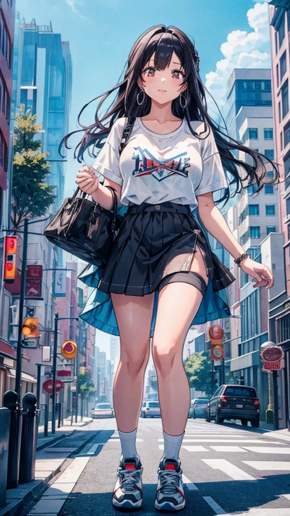 masterpiece Unreal Engine Anime Style Delicate painting 4K 90's giant Multiple Girls crowd Residential Street apartment Apartment 高層apartment街の谷間に立っている巨大な女の子 skirt Big Breasts White T-shirt Summer clothes Short sleeve Private Server sneakers White socks watch Black Hair smile blue sky cumulonimbus Contrail female giant giant girl Whole body Destroyed skyscrapers Destroyed cars Crowd Unreal Engine,cleavage ,a drawing of a , earrings, long hair, 1980s (style) Cute picture Beauty Analog style whole body sneakers