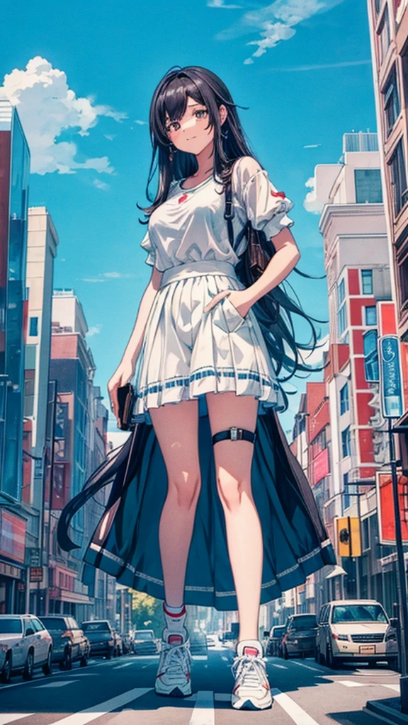 masterpiece Unreal Engine Anime Style Delicate painting 4K 90's giant Multiple Girls crowd Residential Street apartment Apartment 高層apartment街の谷間に立っている巨大な女の子 skirt Big Breasts White T-shirt Summer clothes Short sleeve Private Server sneakers White socks watch Black Hair smile blue sky cumulonimbus Contrail female giant giant girl Whole body Destroyed skyscrapers Destroyed cars Crowd Unreal Engine,cleavage ,a drawing of a , earrings, long hair, 1980s (style) Cute picture Beauty Analog style whole body sneakers