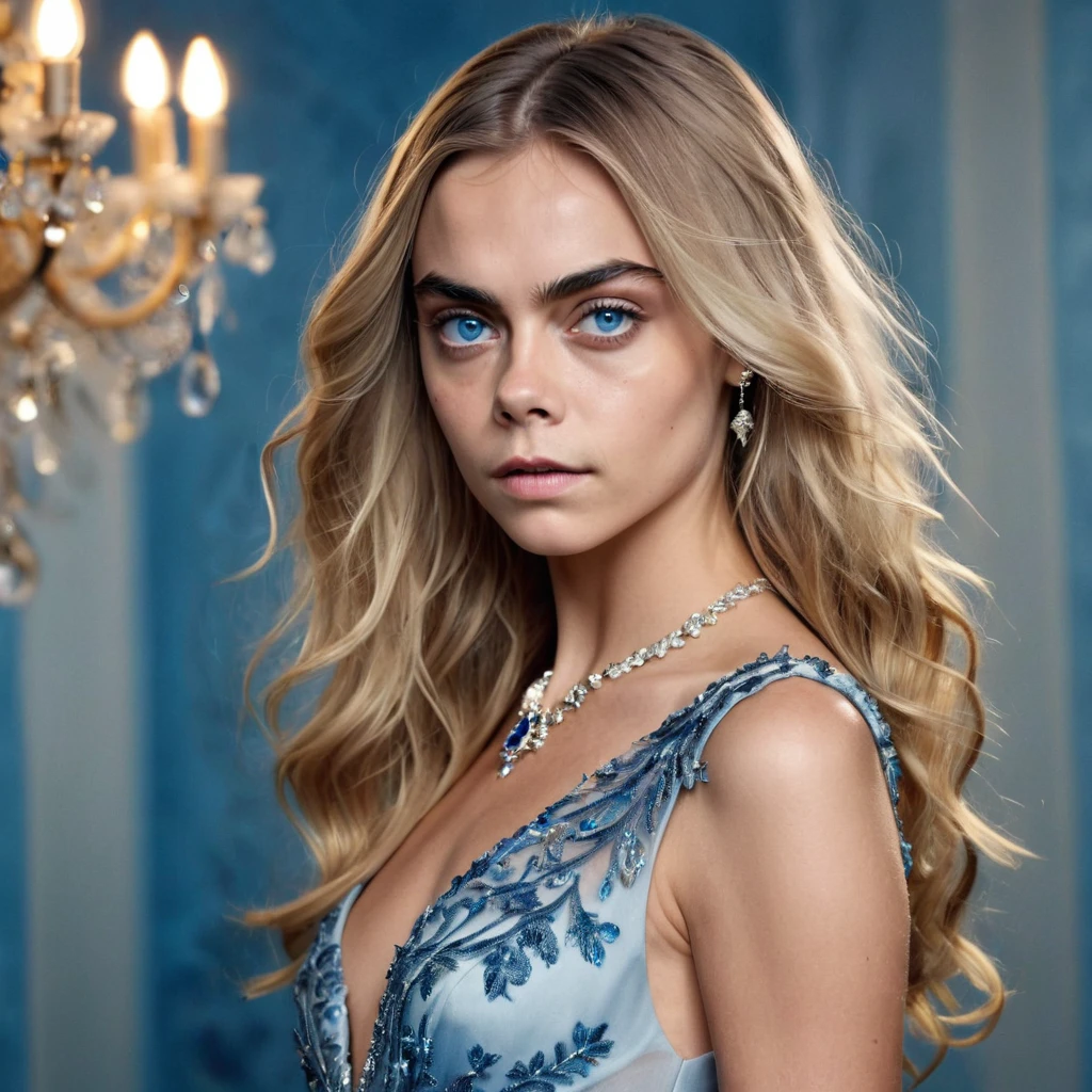 (Masterpiece, 8K, UHD, high resolution: 1.4), stunning portrait of Cara Delevingne, (long, wavy blonde hair: 1.3), (piercing blue eyes: 1.3), (flawless and radiant skin: 1.2), (elegant and stylish dress: 1.2), (confident and graceful pose: 1.2), (delicate and sophisticated jewelry: 1.1), (background with soft and sophisticated lighting: 1.1), (glamorous and sophisticated atmosphere: 1.3), realistic and intricate details, (elements of fashion and beauty: 1.2), (captivating and attractive perspective: 1.3)