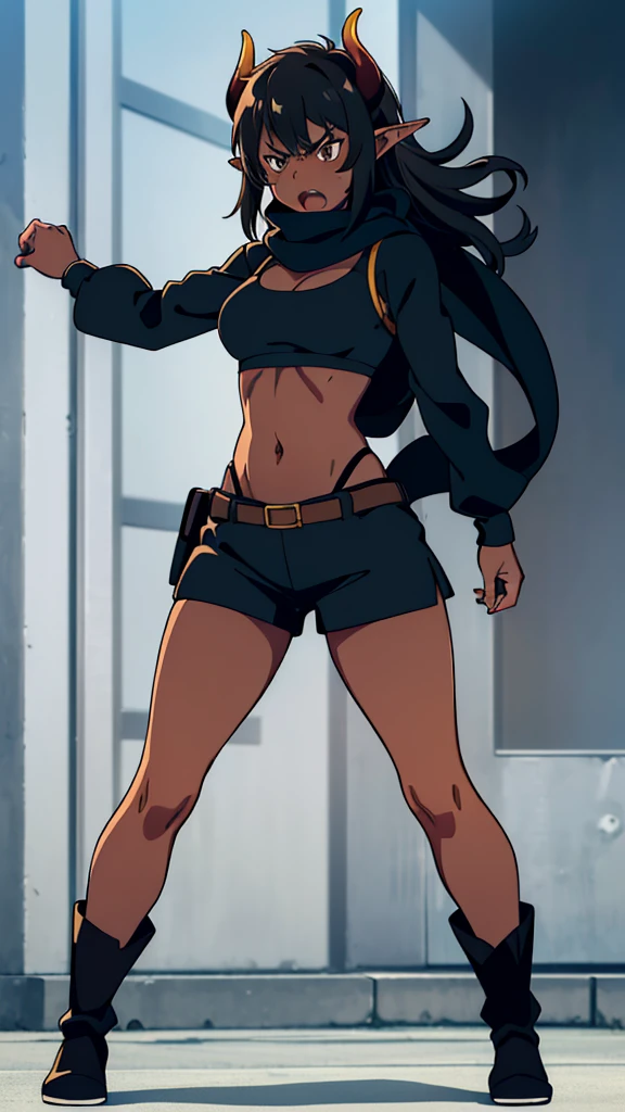 (((1girl ,25s,adult,mature female,solo))),long hair, black hair,horns,elf ears,((black scarf)),cleavage,(((dark skin))),(black sports bra,black sports shorts, midriff),leather boots,long sleeves,(angry),standing,battle pose,full body