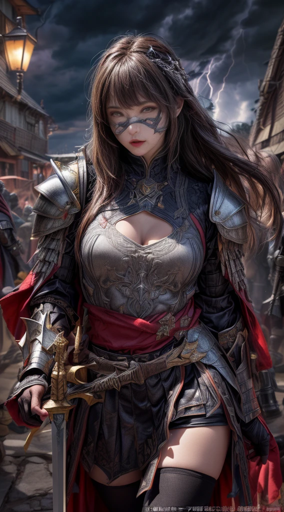 Cowboy Shot、Very beautiful woman、Slender women、(Detailed face)、Realistic Skin、((evil knight)), (Black Armor)、((((非常に細かく複雑な装飾が施されたBlack Armor))))、((Delicate photo)),(Girl Astepeace RAW Photo Details:1.25), (Highest quality:1.6), (Ultra-high resolution:1.5), (Realistic:1.75), 8K resolution, Canon EOS R5, 50mm, Absurd, Super detailed,Cinema Lighting,Battlefields of Medieval Europe、((Fight))、RPG World、Final Fantasy、(((Decorative skirt)))、Thigh-high socks、Shingard、night、((Long hair with bangs,))、Get a six pack、Torn Cloak、Beautiful Armor、(((Giant Sword)))、In combat、The wind is blowing、((Asymmetric Armor:1.5))、(((thunderstorm)))、((Knight Commander))、(((Leading a large group of black knights)))、banner、Wolf Pattern:1.5、(((Battle Scenes)))、(((Creepy Iron Mask)))