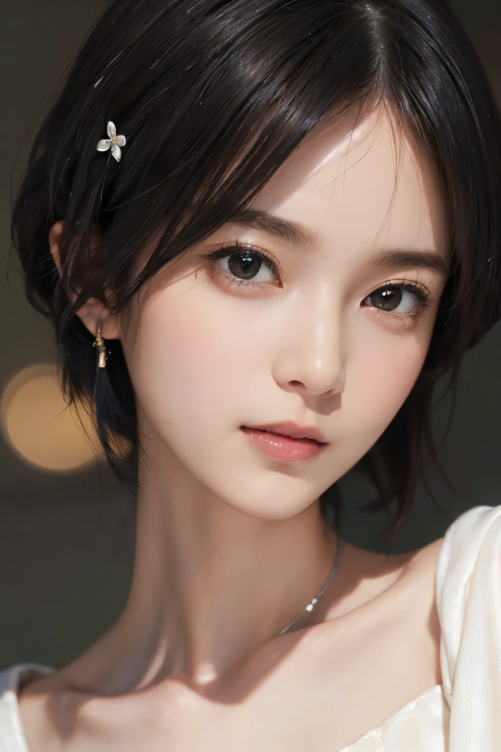 (((Black Short Hair))), (Louvre Museum), Seductive pose, Background is grassland、Image from chest up:1.6)、Close-up portrait of a woman wearing a white off-the-shoulder top dress and earrings, Soft portrait shot 8k, Nice delicate face, High-quality 4K portraits, High-quality portraits, Soft, perfect, pale skin, 8K Highly Detailed Face, なbeautiful繊細な顔, beautiful光の大きな目, Beautiful and realistic face, beautiful14Old woman, Beautiful and realistic face, cute14Old woman
