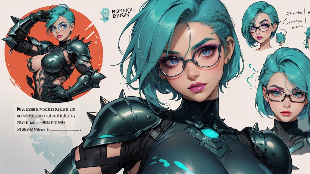 ((The concept character sheet of a strong, attractive, and hot alt lady wearing sexy biopunk armor)). Her face is oval, forehead is smooth and visibly rounded at the temples. jawline is softly defined, giving her a gentle and feminine appearance, ((NSFW, sexy glowing alien armor, biopunk swords)), ((Masterpiece, Highest quality)), 8k, Detailed face (short hair faded and spiked, undercut hairstyle) (multicoloured hair) (green glowing eyes), light blue hair, pantyhose, stocking, Infographic drawing. Multiple sexy poses. tattoos, glasses, sexy biopunk skirt, sexy biopunk top