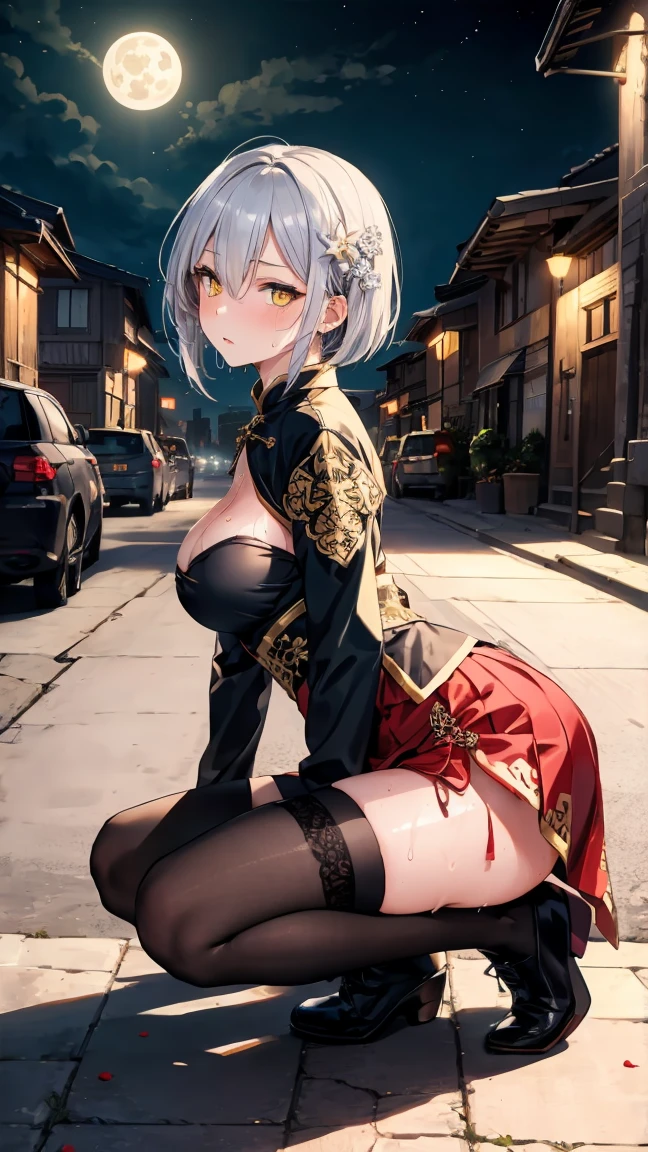 Young girl , short silver bob hair, hair flower, sharp bangs between the eyes, yellow  eyes, eyes large, provocative look, obscene expression, notable physical features, traditional chinese imperial clothes black with gold details, red skirt, black thigh high socks. medium breasts. view from side, crouched in the street, lumbar angle, full body point of view, but up close. japanese city, outdoor city, city at night, with full moon in the background, light reflecting on the sexy and sweaty body. (((sweat))) (work of art:1.2,) (best qualityer.)