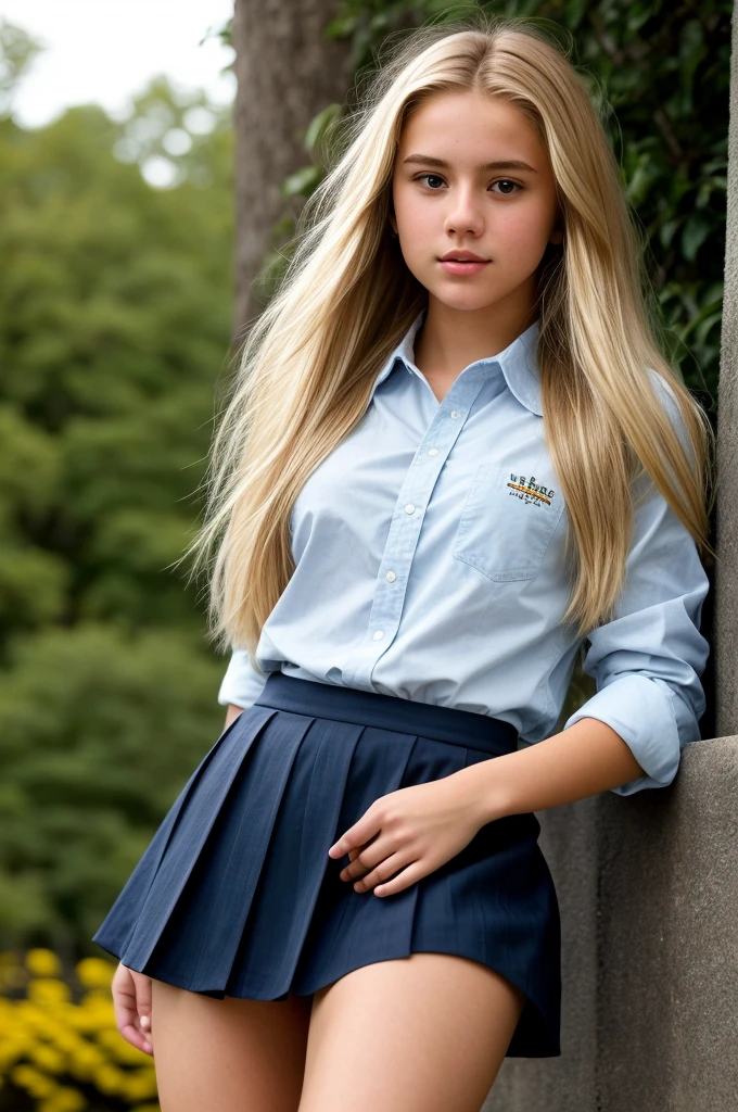 A 18-year-old blonde woman, ((hiperrealismo))textured skin, goosebumps, perfect eyes. Blonde hair with light brown roots. cabello rubio, Hair with brown roots, really long hair. photo taken with iPhone, Porta 160 color. Provocative pose. School girl blue shirt, dark blue school girl skirt, school girl uniform, at the garden. Photo taken with iPhone. Cosplay. Shot from down
