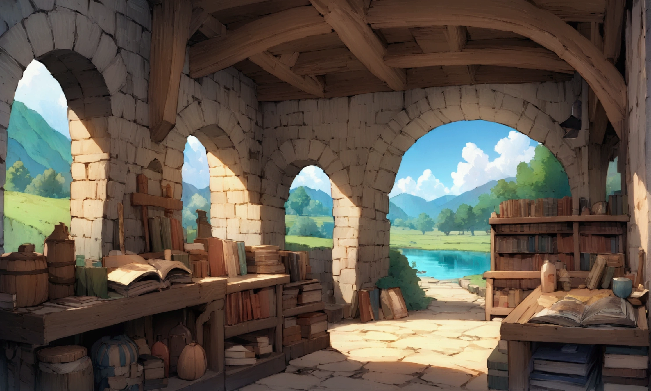 ((((masterpiece, Highest quality, High resolution)))),High detail, manga,anime,Illustration Style,Use of bright colors,Ghibli Studio,Similar to colors used in daytime scenes, The fantasy world of medieval Europe, Extremely detailed 8K, High detail, A shop built under a stone arch beside a pond, Game Sword,Hero'sword,汚れたsword,Bookshelf, At the store々There are a lot of products lined up,嘘つきのsword,豪華なsword, Magic book, Old books, And postcards, Both indoor and outdoor displays. The arches and walls are made of rustic stone, Gives a tasteful and attractive appearance. The store is transparent, Smooth turquoise water surface, Colorful rocks visible beneath the surface. The sky is bright blue、Fluffy white clouds floating, And the sun is shining brightly, Creates a magical and cozy atmosphere.