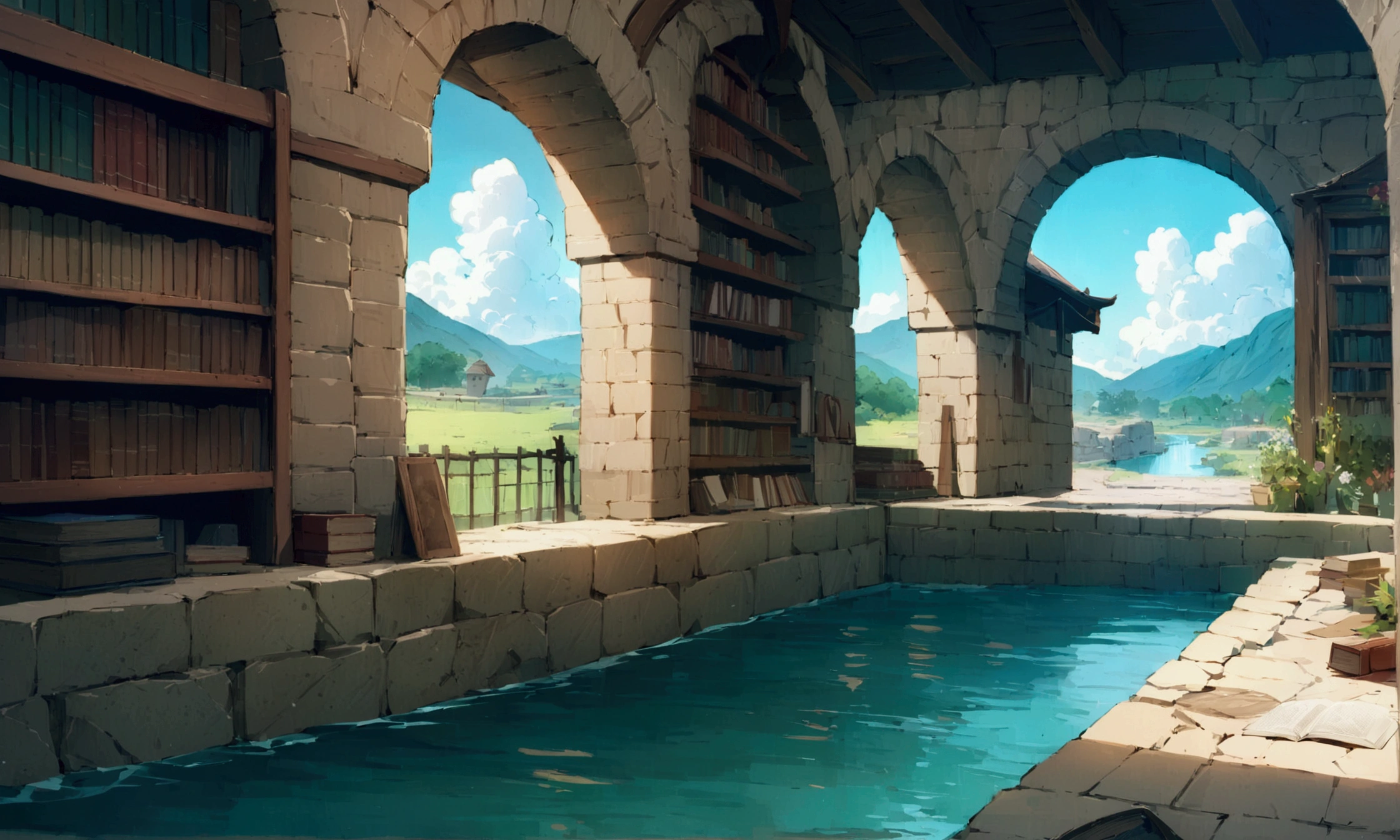 ((((masterpiece, Highest quality, High resolution)))),High detail, manga,anime,Illustration Style,Use of bright colors,Ghibli Studio,Similar to colors used in daytime scenes, The fantasy world of medieval Europe, Extremely detailed 8K, High detail, A shop built under a stone arch beside a pond, Game Sword,Hero'sword,汚れたsword,Bookshelf, At the store々There are a lot of products lined up,嘘つきのsword,豪華なsword, Magic book, Old books, And postcards, Both indoor and outdoor displays. The arches and walls are made of rustic stone, Gives a tasteful and attractive appearance. The store is transparent, Smooth turquoise water surface, Colorful rocks visible beneath the surface. The sky is bright blue、Fluffy white clouds floating, And the sun is shining brightly, Creates a magical and cozy atmosphere.