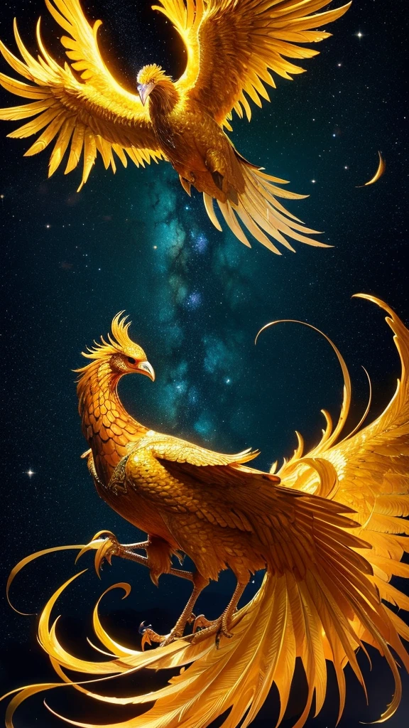 A noble golden phoenix. Its beak is golden from its beak to its claws. Its eyes are large and it looks threatening. Its wings are large and flapping, and its tail wings resemble those of a peacock. The background is a golden starry sky. Realistic, fantastical, noble, 4k. Both wings shine like jewels. Its eyes are shining.