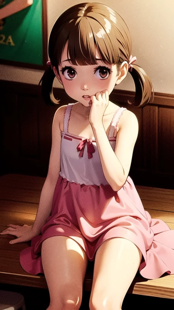 One girl, alone,(Highest quality),(masterpiece:1.1), Looking from directly below, cute, Cleans the skin of the face,Short Twin Tails,Pink Dress、underwear, Realistic panties made from patterned cotton fabric、Translucent slip、Skirt lining、Skirt flip