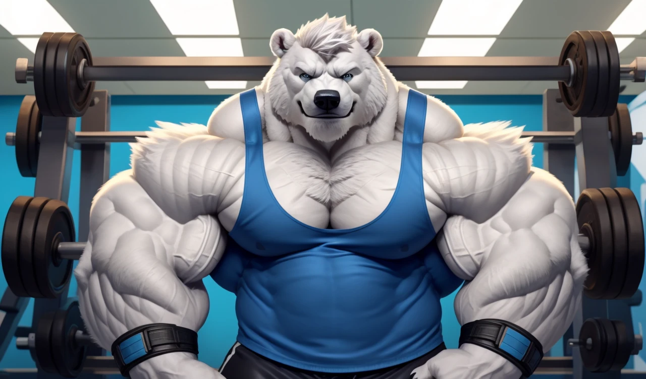 Brock Ólafsson The Huge Muscled Polar Bear, with White Hair, Blue Tank Top, Black Wristbands and Black Gym Shorts, Flexing His Thorax.
