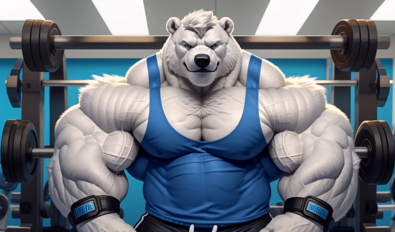 Brock Ólafsson The Huge Muscled Polar Bear, with White Hair, Blue Tank Top, Black Wristbands and Black Gym Shorts, Flexing His Thorax.