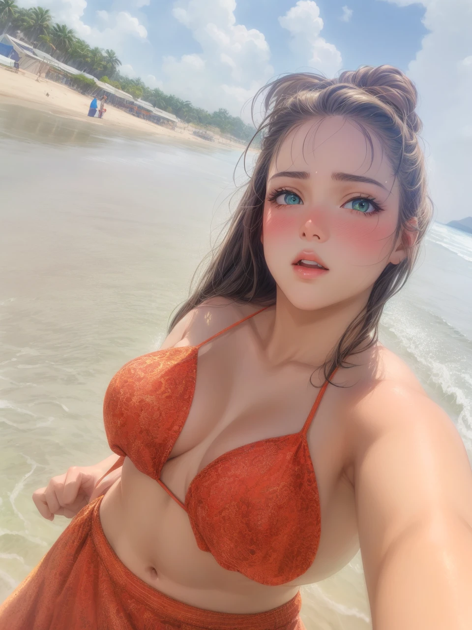 realisitic, 1girl, light hair , greeneyes, glare eyes, top cropped, overskirt, half-open lips, blush, luz seios medio, bunda grande