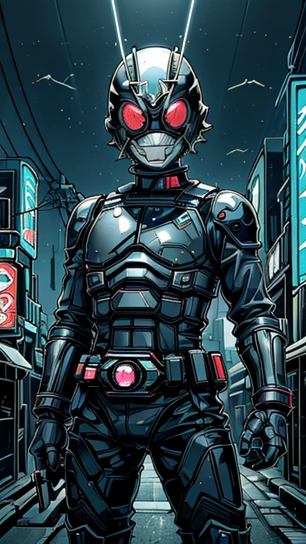 (8k),(masterpiece),(Japanese),(8-year-old boy),((innocent look)),((Childish)),From the front,smile,cute,Innocent,Kind eyes,Flat chest, black helmet, black domino mask,Luke Skywalker,Bald,No Hair, Henshin Pose,night,dark, Neon light cyberpunk city,Kamen rider,