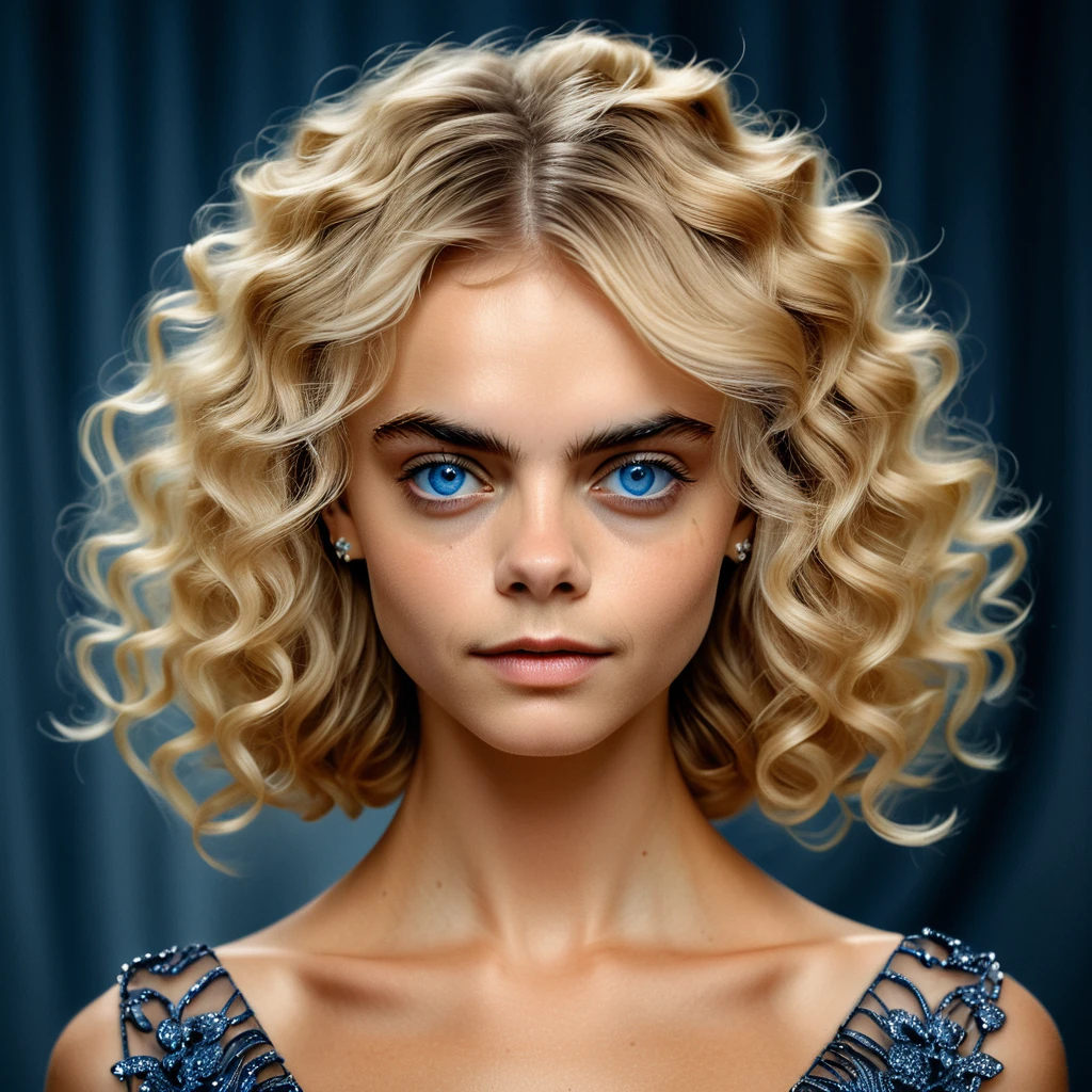 (Masterpiece, 8K, UHD, high resolution: 1.4), stunning portrait of Cara Delevingne, (long, wavy blonde hair: 1.3), (piercing blue eyes: 1.3), (flawless and radiant skin: 1.2), (elegant and stylish dress: 1.2), (confident and graceful pose: 1.2), (delicate and sophisticated jewelry: 1.1), (background with soft and sophisticated lighting: 1.1), (glamorous and sophisticated atmosphere: 1.3), realistic and intricate details, (elements of fashion and beauty: 1.2), (captivating and attractive perspective: 1.3)